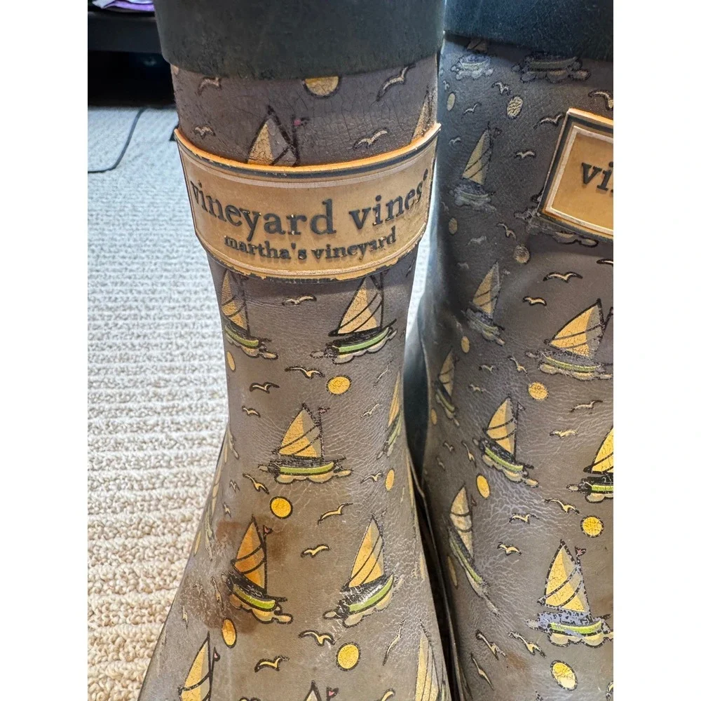 Vineyard Vines Sailboat Rain Boots Martha's Vineyard Grey Rubber Size‎ 6